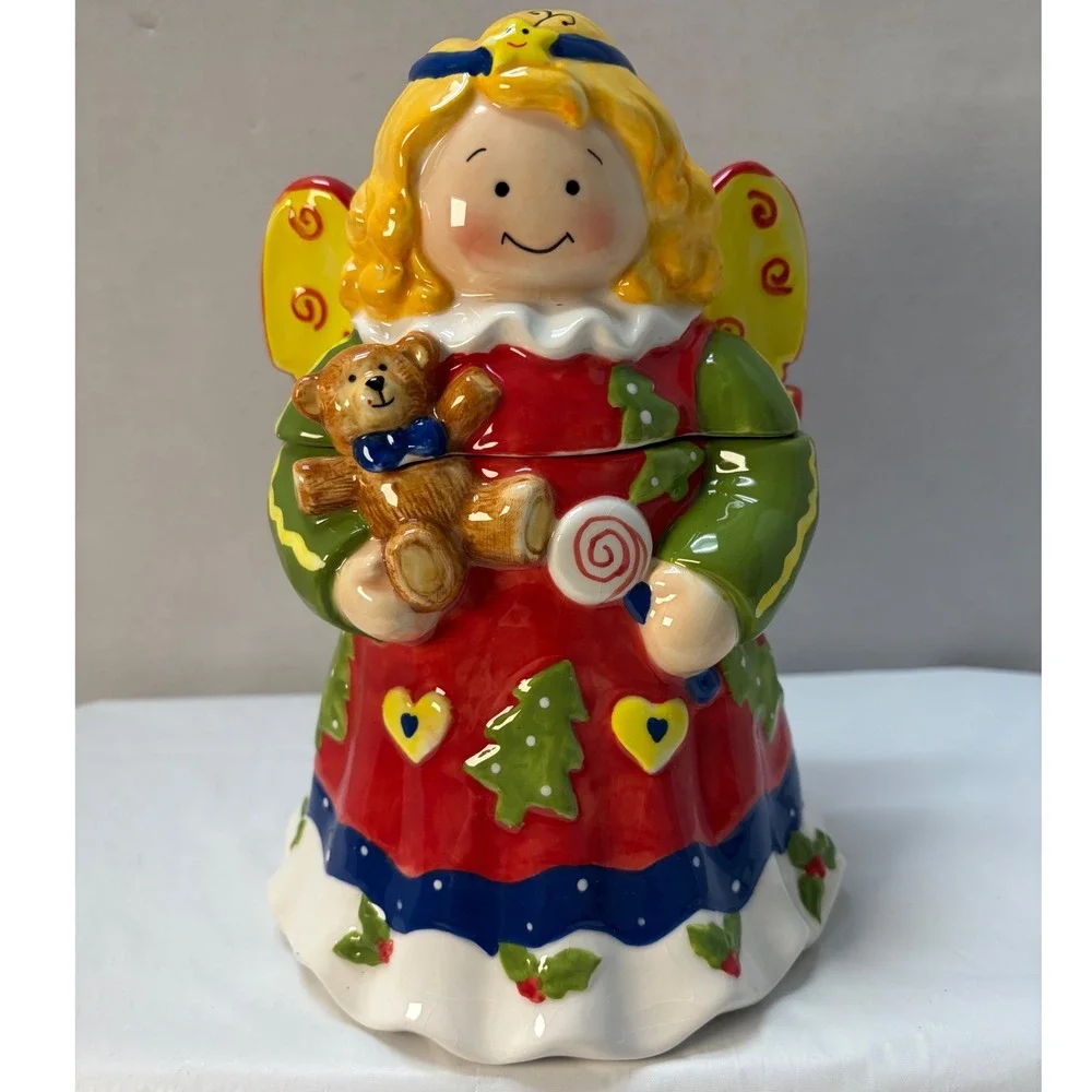 Vintage Christmas Angel Cookie Jar Ceramic Teddy Bear Lollipop Holiday Decor